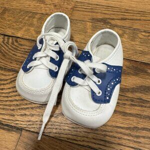 Vintage Infant Saddle Shoes | White & Navy Baby Crib Shoes Size 1